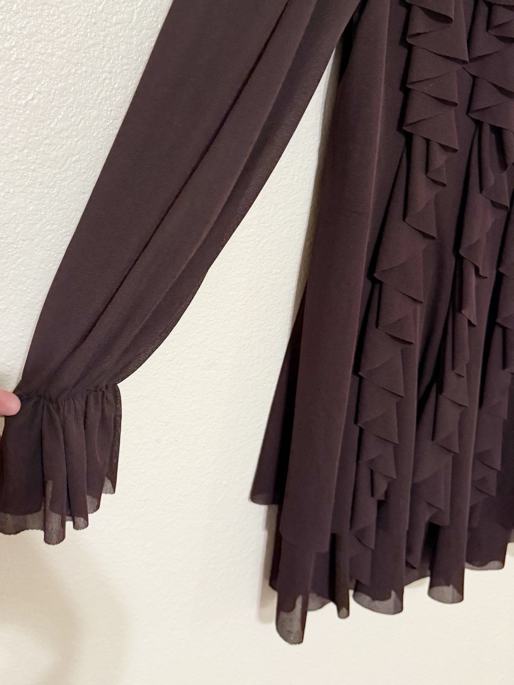Zara Ruffled Cascading Chocolate Brown Semi Sheer Billowy Boho Mini Dress Medium - Picture 8 of 13